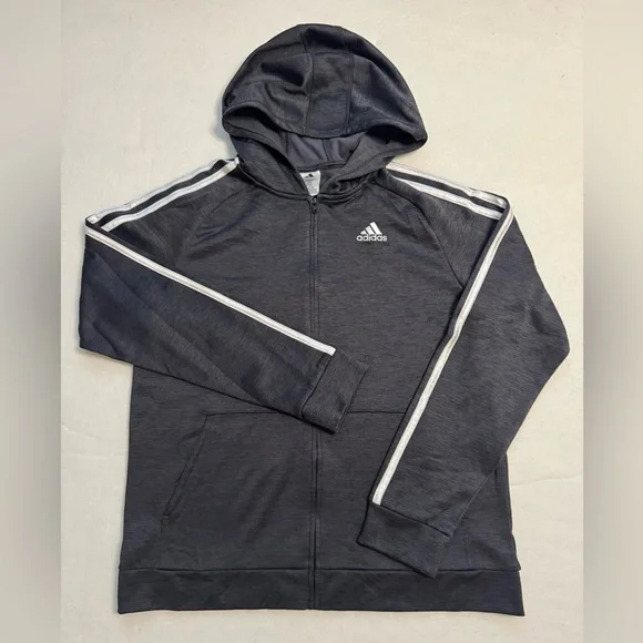 Adidas Boys Melange Charcoal Gray Fleece Full Zip Hoodie with White Stripes - Picture 2 of 8